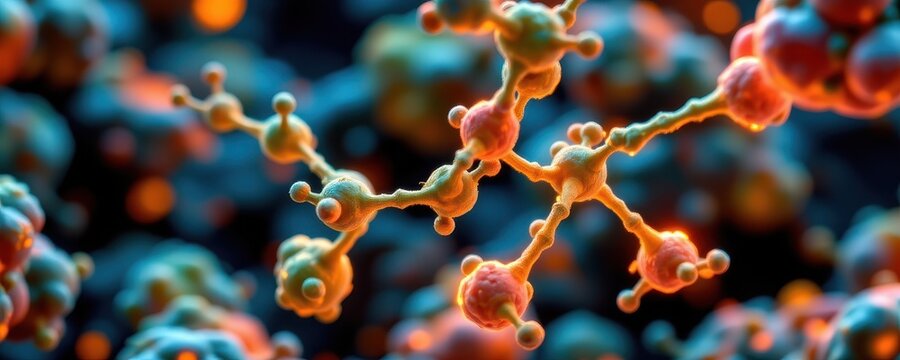 digital microscope view of garcinia cambogia's hca molecules blocking fat producing enzymes, glowing cellular effects.