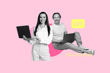Banner sketch pop artwork collage of two happy girl hold laptop bubble communication chat dialogue...