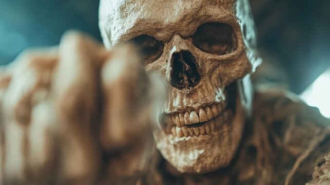 A highly detailed skeleton is depicted in a dramatic pose, pointing with an expressive nature, evoking feelings of eeriness and contemplation about mortality and existence.