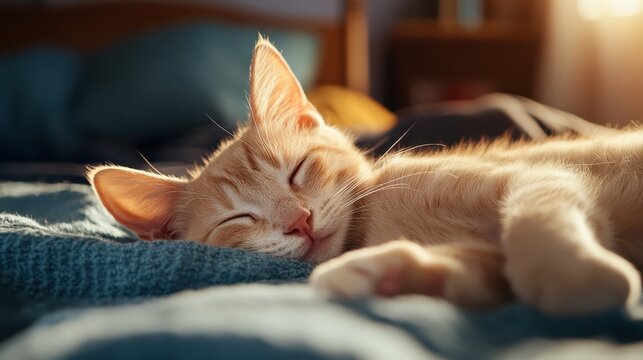 A serene ginger cat sleeping peacefully on a soft blanket, embodying comfort and contentment in its relaxed pose, perfect for evoking a sense of tranquility and warmth.