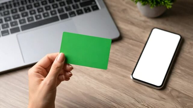 Blank green card held in hand