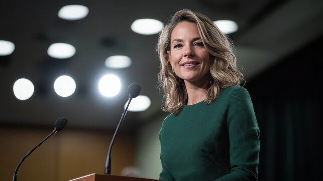 A poised woman stands confidently at a podium, showcasing leadership and charisma under the soft glow of bright lights in a professional setting.