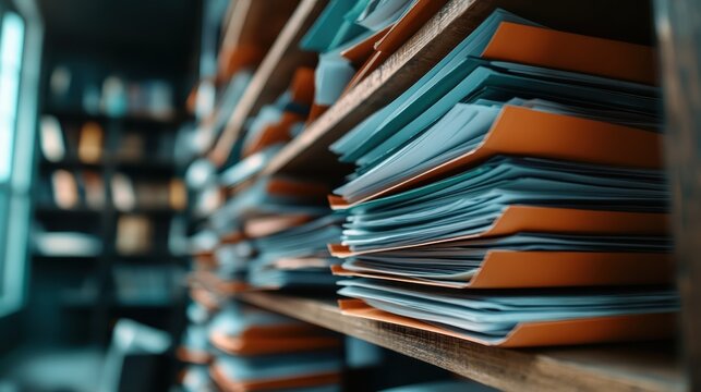 A close-up view of neatly arranged document folders on a wooden shelf, highlighting the concept of organization and productivity in workspaces and offices.