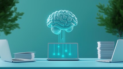 Robotic brain integrated in corporate system image render 3d. Improving digital data analytics online with AI background realistic graphic. Conceptual idea, visual storytelling
