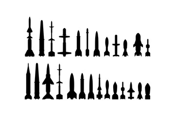 Black missile icon collection. Combat rocket weapons. Set of weapon and rocket symbol. Missile silhouette collection. Vector eps 