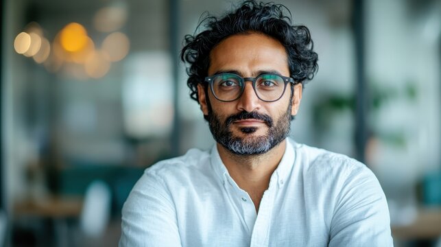 A mature man with curly hair and glasses sits confidently at a table in a well-lit workspace, exuding a professional aura and readiness to take on challenges. - Powered by Adobe
