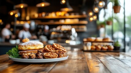 An inviting assortment of freshly baked pastries, including donuts and cookies, is artistically arranged on a wooden table, creating a warm and welcoming atmosphere.