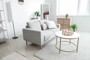 Interior of light living room with grey sofa and table