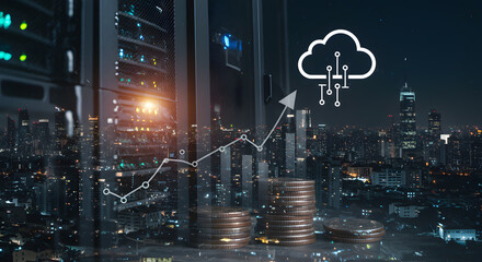 Cloud computing and server data technology in digital finance with coin stack and upward chart symbolising virtual economy and online storage growth