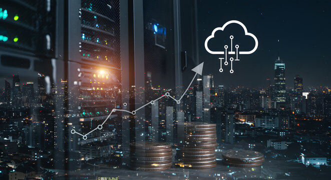 Cloud computing and server data technology in digital finance with coin stack and upward chart symbolising virtual economy and online storage growth