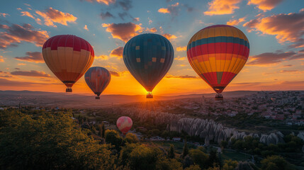 Fototapeta premium Colorful Hot Air Balloons Flying Over Cappadocia Landscape at Sunrise