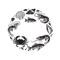 Stylized seafood circle logo with shrimp, crab, fish, and shells in black and white vector art, perfect for menus, restaurants or food branding.