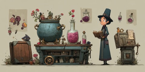 A whimsical depiction of a potion-making station.