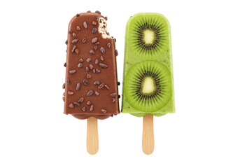 Isolated Chocolate and Kiwi Popsicles on Wooden Sticks