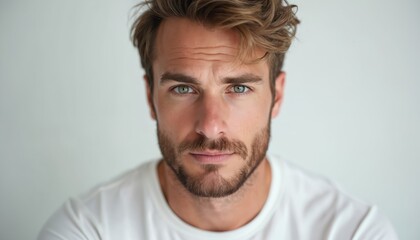 Obraz premium Headshot of handsome caucasian man with beard on plain white background. Serious gaze, direct eye contact. Close-up studio portrait of male model in white t-shirt.