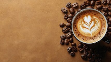 Beige background with scattered coffee beans and overturned paper cup