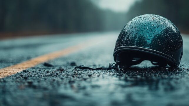A close-up of a rain-drenched helmet abandoned on a wet road evokes a sense of danger and neglect, highlighting the fragility and unpredictability of life and adventure.