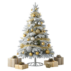 Snow covered christmas tree gold ornaments isolated on transparent background