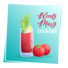 Bloody Mary cocktail in a glass, celery, tomato, on a blue background. The concept of a party, cocktail bar, summer. Isolated vector illustration for menu design, posters, banners, covers