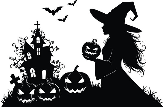 Silhouette Witch Halloween Illustration Spooky Pumpkin and Haunted House Design