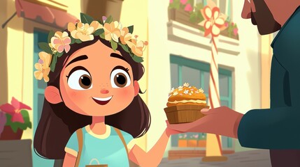 A girl in a flower crown holds a basket of flowers, offering them to a man.