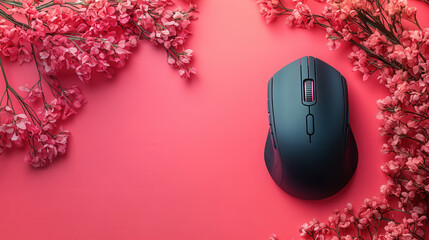 Black wireless mouse and mousepad mockup on pink background, right side of the frame left empty 