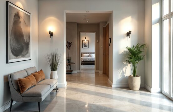 Modern home entryway. White walls, marble floor, sofa with pillows. Decorative plants, artwork. Hallway leads to bedroom. Stylish, luxury apartment interior with modern design, natural light.
