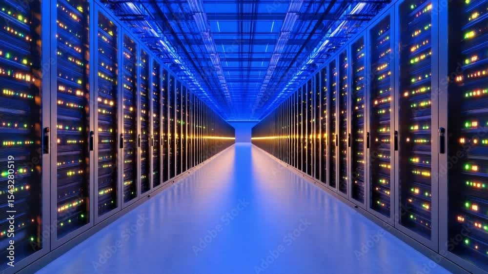 Poster Technological Symmetry: A symmetrical perspective of a high-tech data center, filled with rows of server racks bathed in cool blue and gold light.