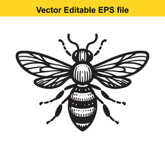 Monochrome Bee Illustration Detailed Insect with Wings and Legs Vector Graphic Black and White Design Artistic Depiction