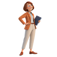Smiling cartoon businesswoman holding clipboard isolated on transparent background
