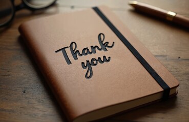 Brown notebook featuring laser engraved Thank you inscription. A pen and glasses rest nearby on wooden desk. Ideal for gratitude note, appreciation concept, business gifts, daily planning.