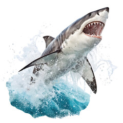 Great white shark leaping ocean wave isolated on transparent background