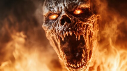 A terrifying skull-like monster's face surrounded by flames, representing fear and darkness, provoking deep emotions and a sense of intrigue in a fantasy world.