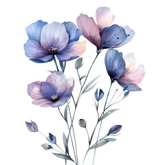 the image showcases a botanical arrangement of flowers with delicate, translucent petals in various shades of blue, purple, and soft pink