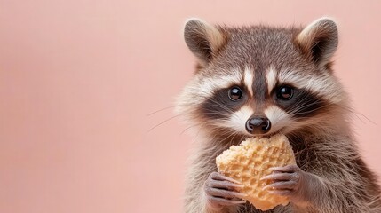 Obraz premium An adorable raccoon delicately holds a waffle snack, portraying the playful and curious nature of wildlife while inviting joy and warmth into the scene.