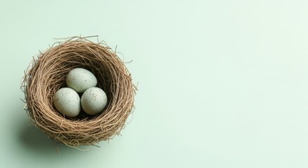 Three speckled bird eggs nestled in a woven nest on a pale green background perfect for spring and Easter designs