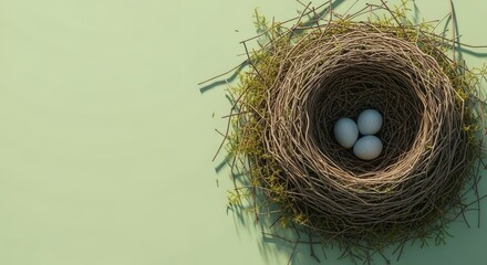 A bird's nest with three light blue eggs on a pastel green background perfect for spring and Easter designs