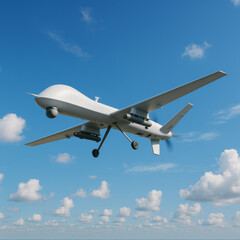 Obraz premium Armed Military Drone Flying in Blue Sky with Clouds