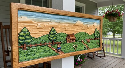 Hand Carved Pixel Art Landscape Wooden Sign