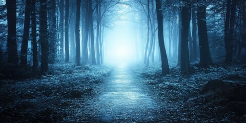 A misty forest path illuminated by eerie blue light creates a mysterious and tranquil atmosphere.