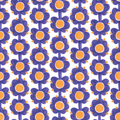 Seamless floral pattern with violet and orange daisy-like flowers. Bold strokes and marker texture. Hand-drawn look with playful symmetry. Acrylic marker illustration.