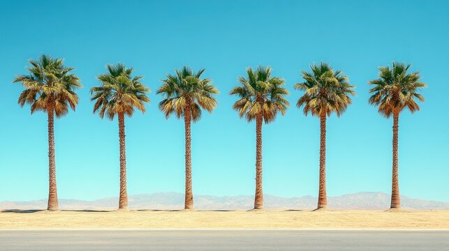 Six palm trees stand in a row against a clear blue sky and desert landscape
