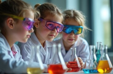 Young students wearing colorful safety goggles, deeply engaged in science experiment. Diverse colored liquids in flasks spark curiosity. STEM education, classroom research, learning. Fun, exploration
