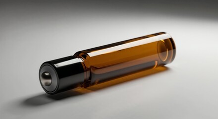 Essential oil roller isolated on white background, amber glass, side view, metal tip detail
