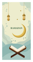 Tranquil Islamic Illustration with Crescent Moon, Holy Book, and Lanterns-03