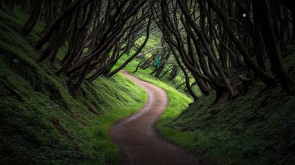 Obraz premium A winding forest path curves through dense, arching trees creating a tunnel-like canopy with lush green moss and ferns lining the forest floor.