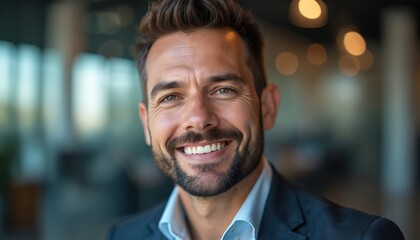 Portrait of confident business man smiling in modern office. Professional male with beard. Happy entrepreneur with positive emotions, expressing satisfaction. Attractive, successful, cheerful person,