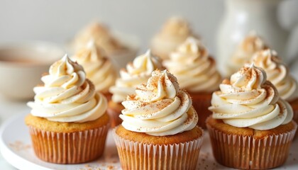 Freshly baked cupcakes with cream cheese frosting, cinnamon sprinkle. Delicious sweet dessert treats, pastry bakery food. Mouth-watering, tempting, delicious, decorated homemade cupcakes on white