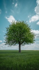 Obraz premium Lush Green Tree in Vibrant Spring Field: Nature Photography, Serene Landscape, Pastoral Scene
