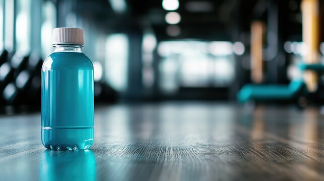 A vibrant blue sports drink bottle stands alone on gym floor, representing the importance of hydration and energy for fitness enthusiasts and athletes. - Powered by Adobe
